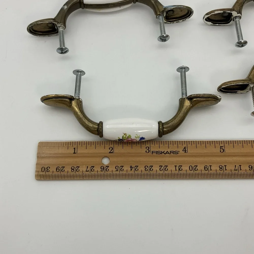Vtg. 6 Floral Ceramic Drawer Pulls Brass Hardware 3 Inch Center Cottagecore Farm